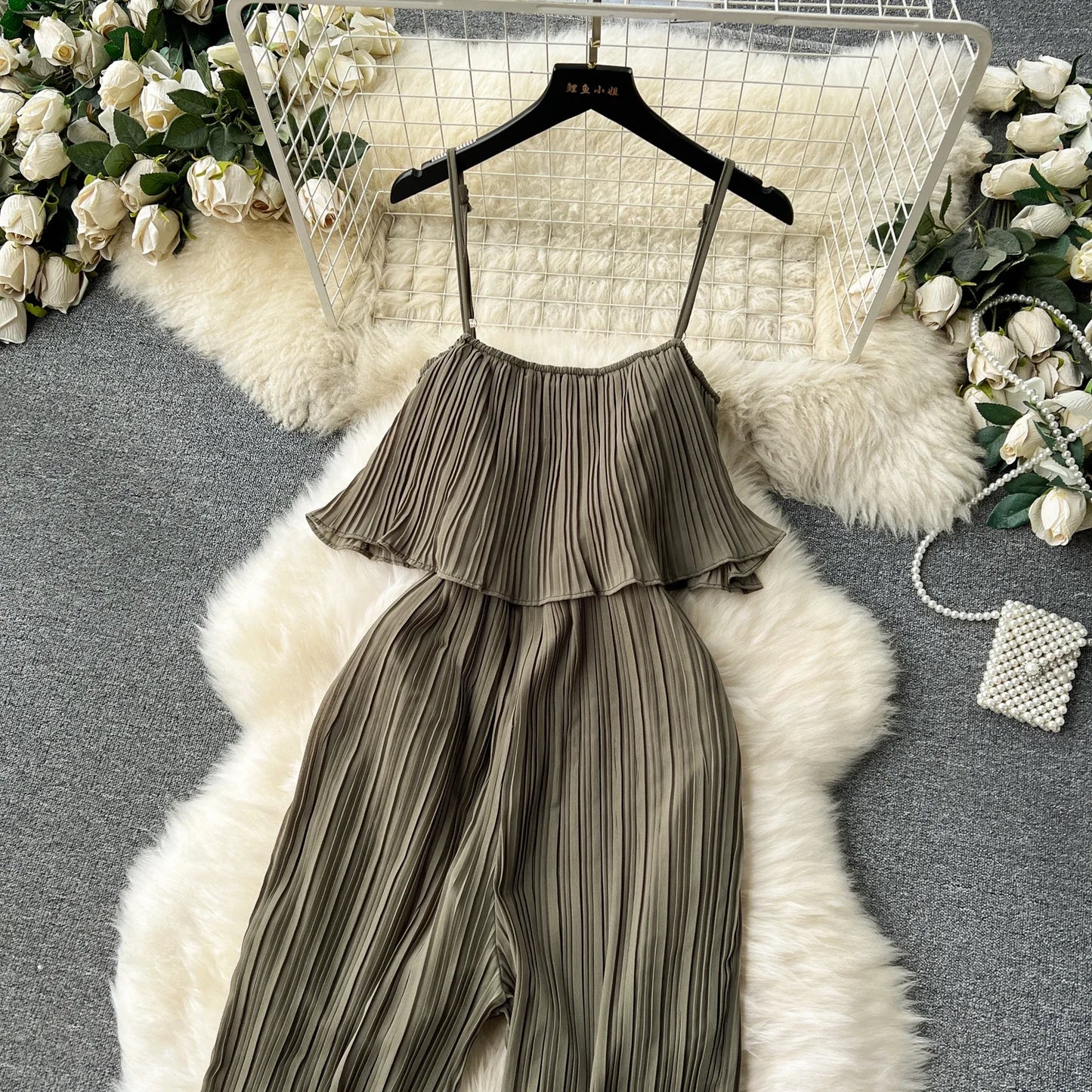 Vacation Loose Jumpsuit Strap Backless Thin Romper Streetwear Women INS One-Piece Outfit Beach Style Pleated Bodysuits