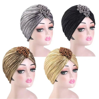 Ethnic Gathered Headscarf with Clover Crystal Gold Foil Print Fashion Hair Cover for Women Hijab Head Wrap Accessory