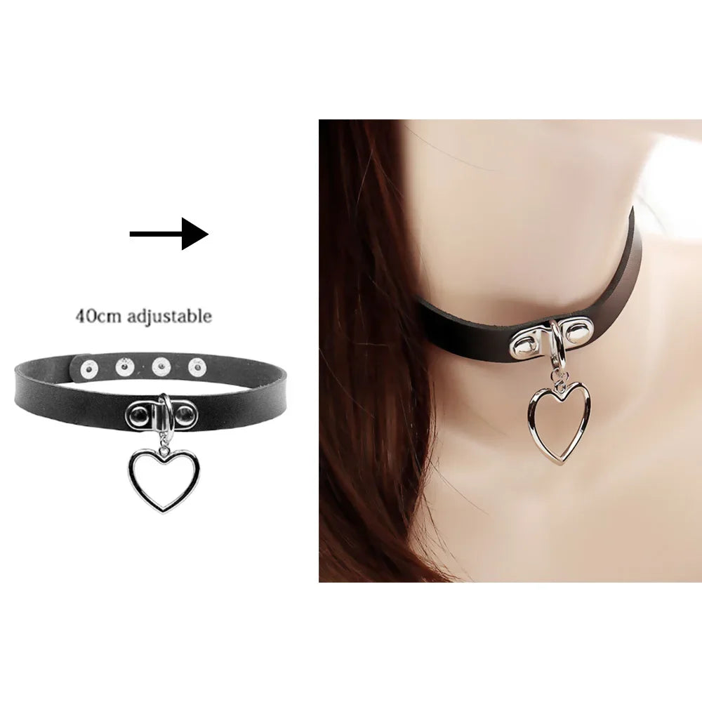 Sexy Trendy Vintage Charm Round Gothic Collar Necklaces Jewelry Gift Gothic Leather Heart Harajuku Women Punk Choker Necklace Heart Ring 40cm adjustable