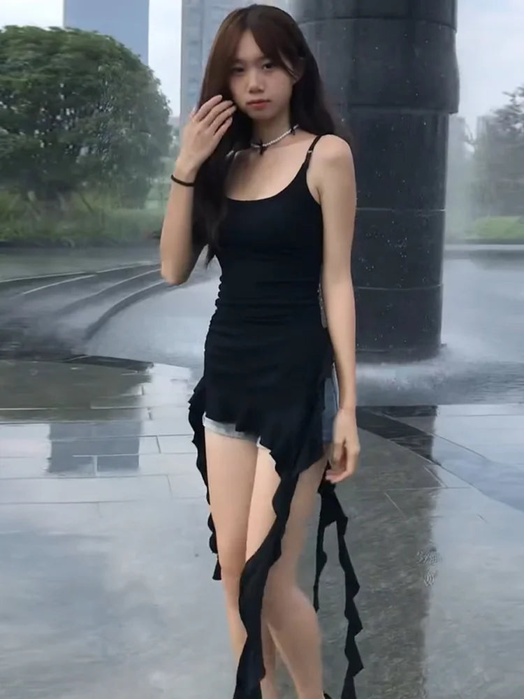 2025 Women Clothing Black Tunic Y2k Top Ruffles Sexy Camis Ropa Mujer Irrgeular Tassel Summer Vest Fashion Korean Crop Tanks