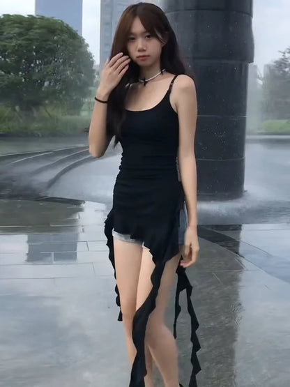 2025 Women Clothing Black Tunic Y2k Top Ruffles Sexy Camis Ropa Mujer Irrgeular Tassel Summer Vest Fashion Korean Crop Tanks