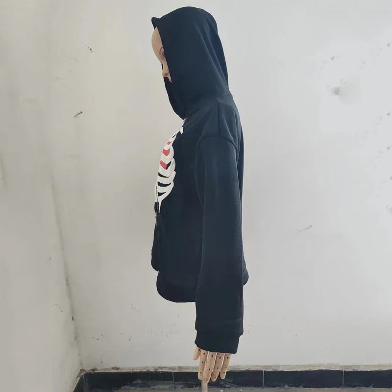 Y2K Gothic Butterfly Print Zip Up Women Hoodies 2025 Winter Grunge Skeleton Sweatshirt Casual Hooded Jacket Streetwear Hoodie
