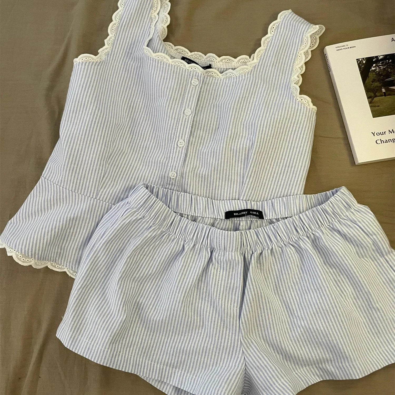 Striped Women Pajamas Summer Sleepwear Sleeveless Shorts Sets 2 Pieces Lace Night Wears Tank Korean Sleeping Home Suit 2025 New