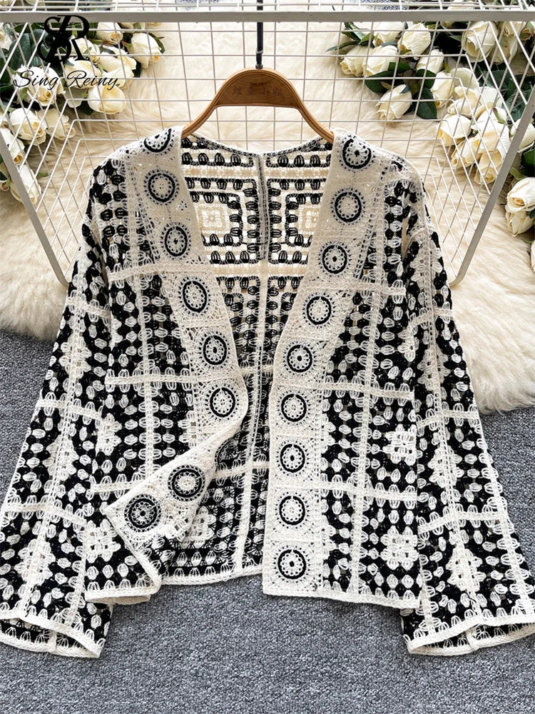SINGREINY Vintage Boho Loose Plaid Cardigans Female Long Sleeves Hook Flower Hollow Tops 2025 Vacation Sunscreen Casual Shirt Badiee Stylez