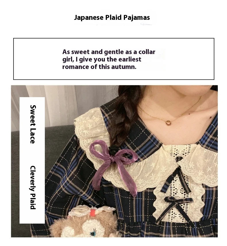 Spring and Autumn New Women's Pajamas Homewear Suit Female Court Style Doll Collar Japanese Girl Plaid Autumn and Winter Homewea