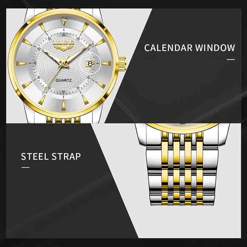 LIGE's new Fashion Women's Watch Luxury Stainless Steel Waterproof Clock Calendar Gift Quartz Watch for Women Relogio Feminino