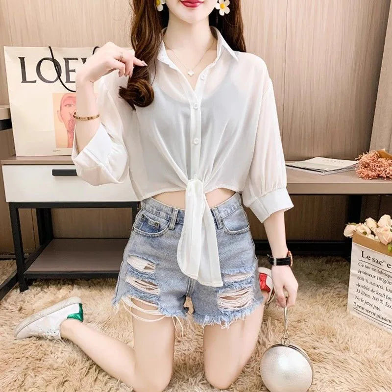 Xpqbb Summer Sun Protection Shirts Ladies Solid Color Tied Waist Half Sleeve Button Blouse Women Casual Loose Chiffon Shirt
