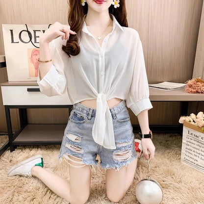 Xpqbb Summer Sun Protection Shirts Ladies Solid Color Tied Waist Half Sleeve Button Blouse Women Casual Loose Chiffon Shirt