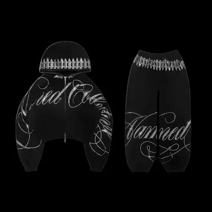 Y2K Streetwear Letters Rhinestone Sequin Hoodie Sweatpants Two Piece Set Sweatpants Women Oversized Sweatshirt Casual Pants Set Two piece