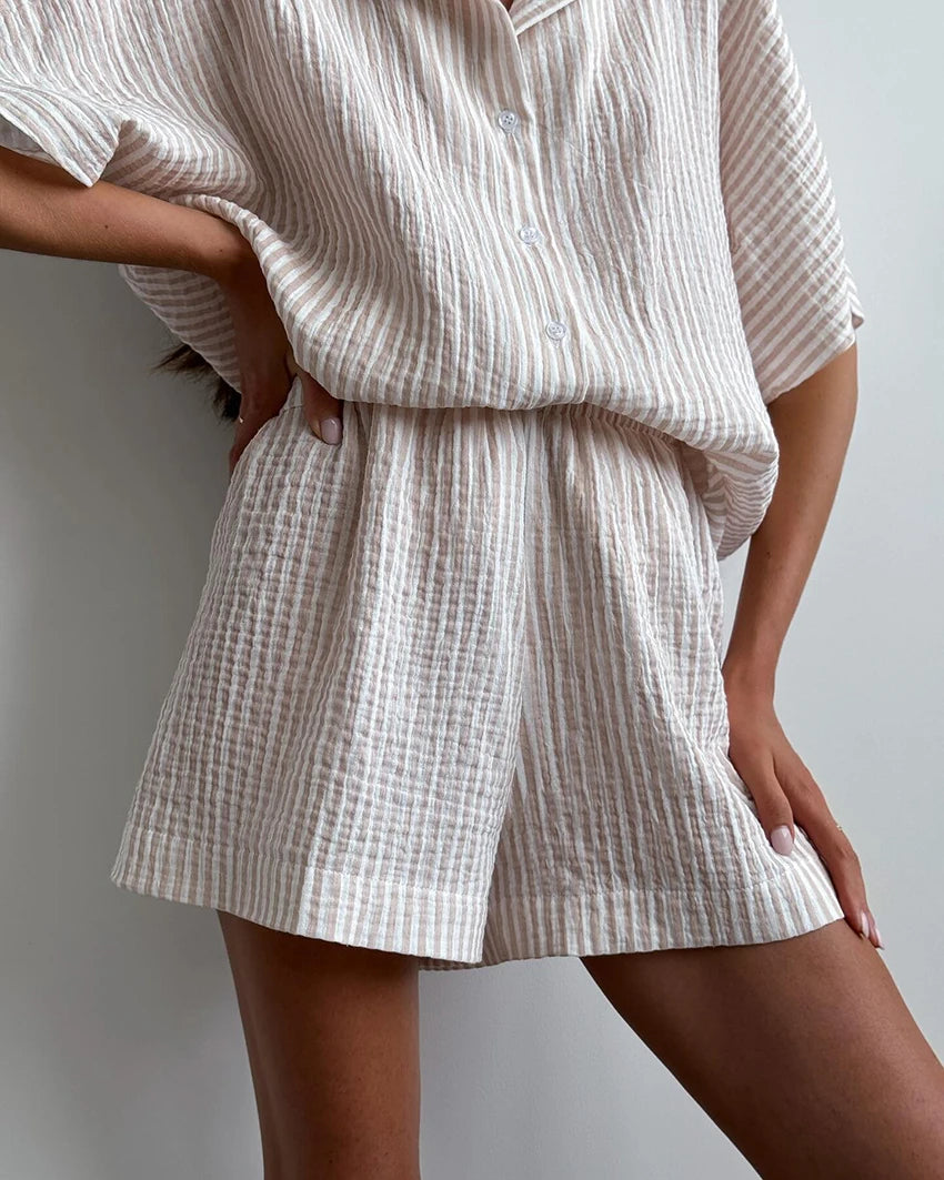 Hiloc Elegant Cotton Stripe Shorts Suits Pajamas Summer Short Sleeve Blouse With Elastic Waist Shorts 2 Piece Sets Home Outfits