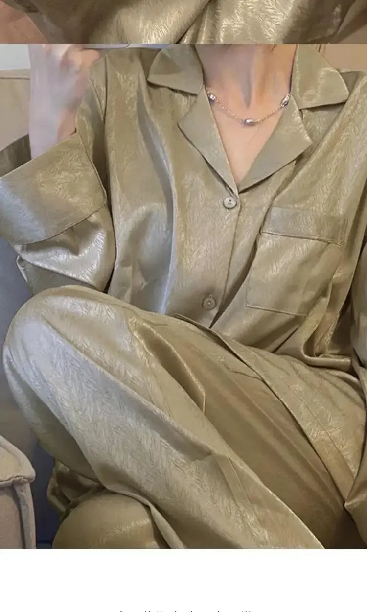 Women's Gray Ink Painting Ice Silk Pajamas Ladies Spring and Autumn Thin Long-Sleeved High-End Sleepwear Loungewear Cherry Print