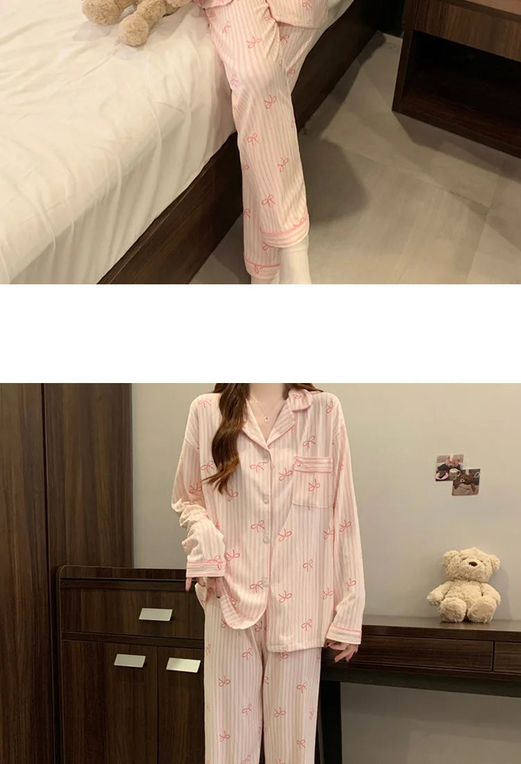 New Women's Spring and Fall Pajamas Homewear Set Wrinkled Cloth Sweet Girl Students Long-Sleeved Casual Pajamas Homewear Set