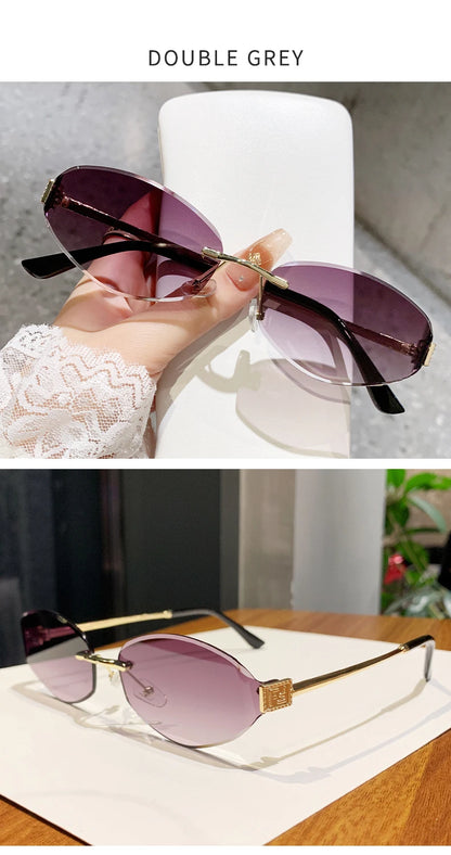 Retro Frameless Oval Concave Design Y2k Personalized Sunglasses Trendy Uv Resistant Street Photography Sunglasses 90275