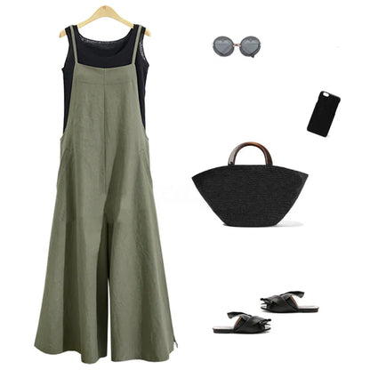 Women Straps Jumpsuit Summer Solid Color Wide Leg Pants Dungaree Bib Overalls Casual Loose Sleeveless Cotton Linen Jumpsuits 5Xl Badiee Stylez