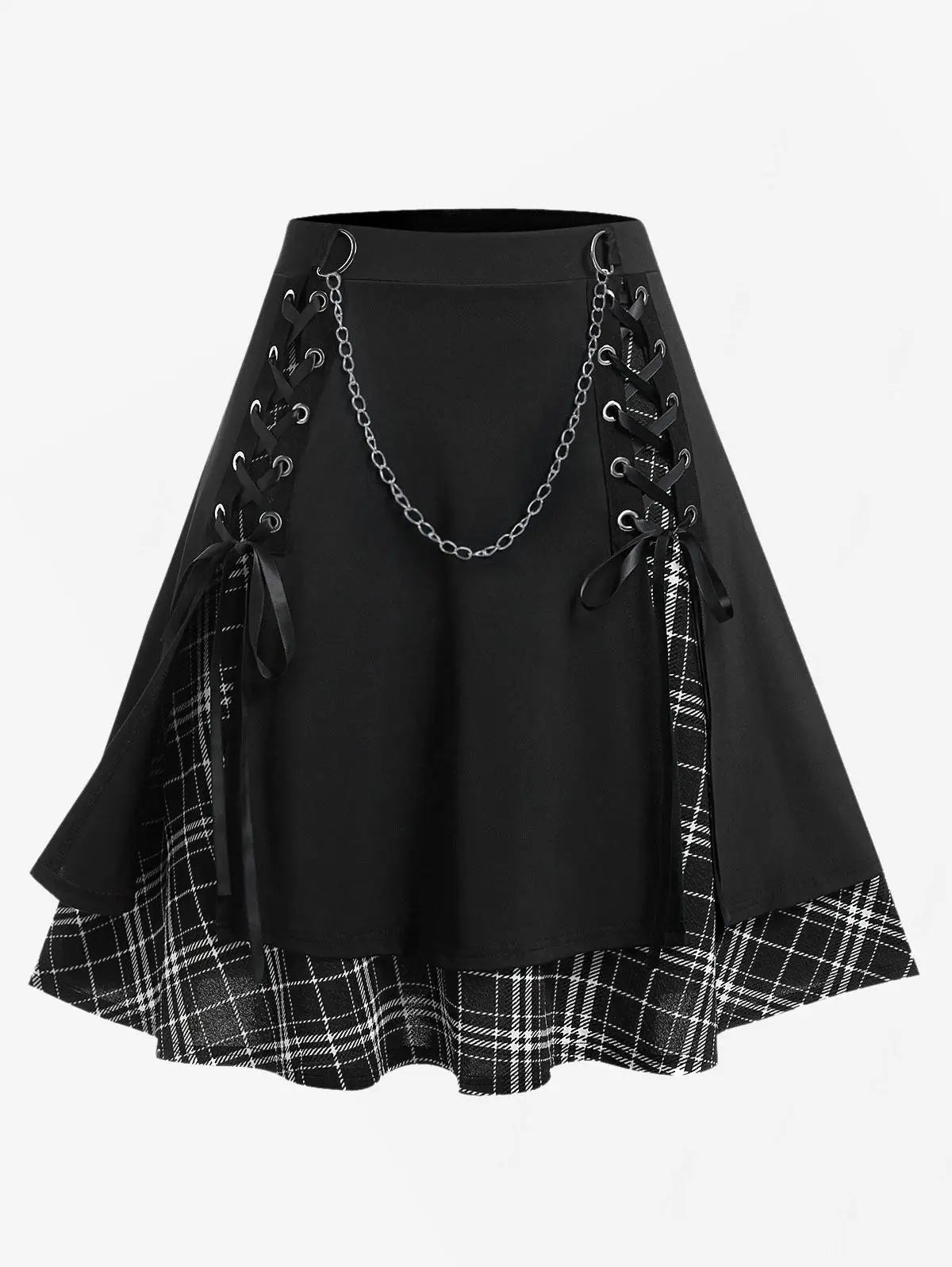 ROSEGAL Plus Size Women's Gothic Skirt Casual Plain Chain Detail High Waisted Stitching Plaid Pleated Layered Lace Up Skirts 5XL Black
