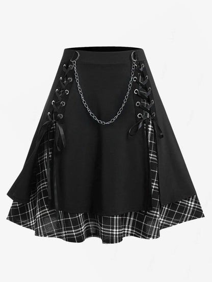 ROSEGAL Plus Size Women's Gothic Skirt Casual Plain Chain Detail High Waisted Stitching Plaid Pleated Layered Lace Up Skirts 5XL Black