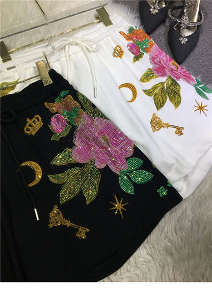 Oversized rhinestone diamond high-waisted black adjustable waist wide leg slacks Women's shorts