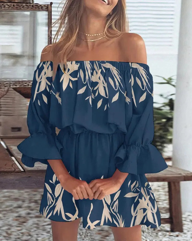 Women Sexy Top Summer Off Shoulder Floral Blouses Women 2023 Boho Casual Backless Blouse Female Holiday Slash Neck Tops Clothing Navy Blue