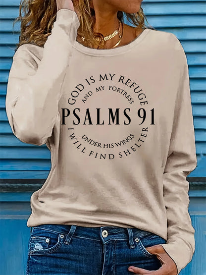Spring and Autumn Women's 100% Cotton Fashion Casual Loose Inspirational Palms 91 Verseprint Round Neck Long Sleeve T-shirt