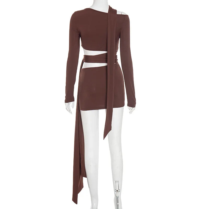 Nsauye Women New Fashion Halter Long Sleeve Mini Hollow Out Irregular Dress Outfits Elegant Sexy Night Club Lace Up Party Dress