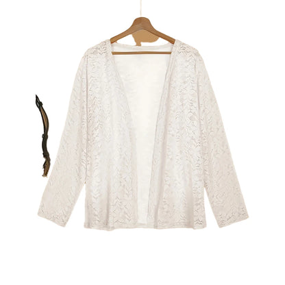 Plus Size 2025 Spring New Women's Elegant Camellia Long Sleeve Lace Cardigan Thin Transparent Jacket