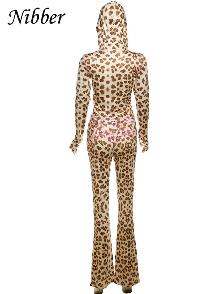 Nibber Leopard Print 2 Piece Set Women's Autumn Tracksuit Athleisure Hooded Crop Jacket + Flared Pants Stretch Matching Suit