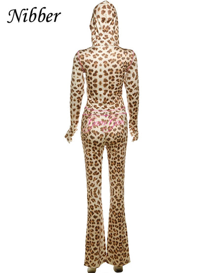 Nibber Leopard Print 2 Piece Set Women's Autumn Tracksuit Athleisure Hooded Crop Jacket + Flared Pants Stretch Matching Suit