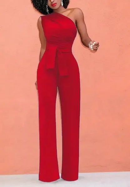 Women's Jumpsuit Solid Skew Collar Crop Top Straight Pants Belt Sexy Sleeveless Loose Pants Elegant Charming Playsuits 2024 Badiee Stylez