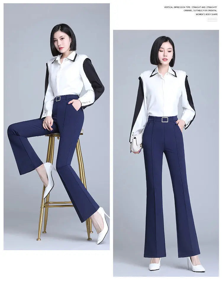 Office Lady Elegant Fashion Flare Pants Spring Autumn Diamonds High Waist All-match Solid Women Casual Straight Trousers 2022 Badiee Stylez