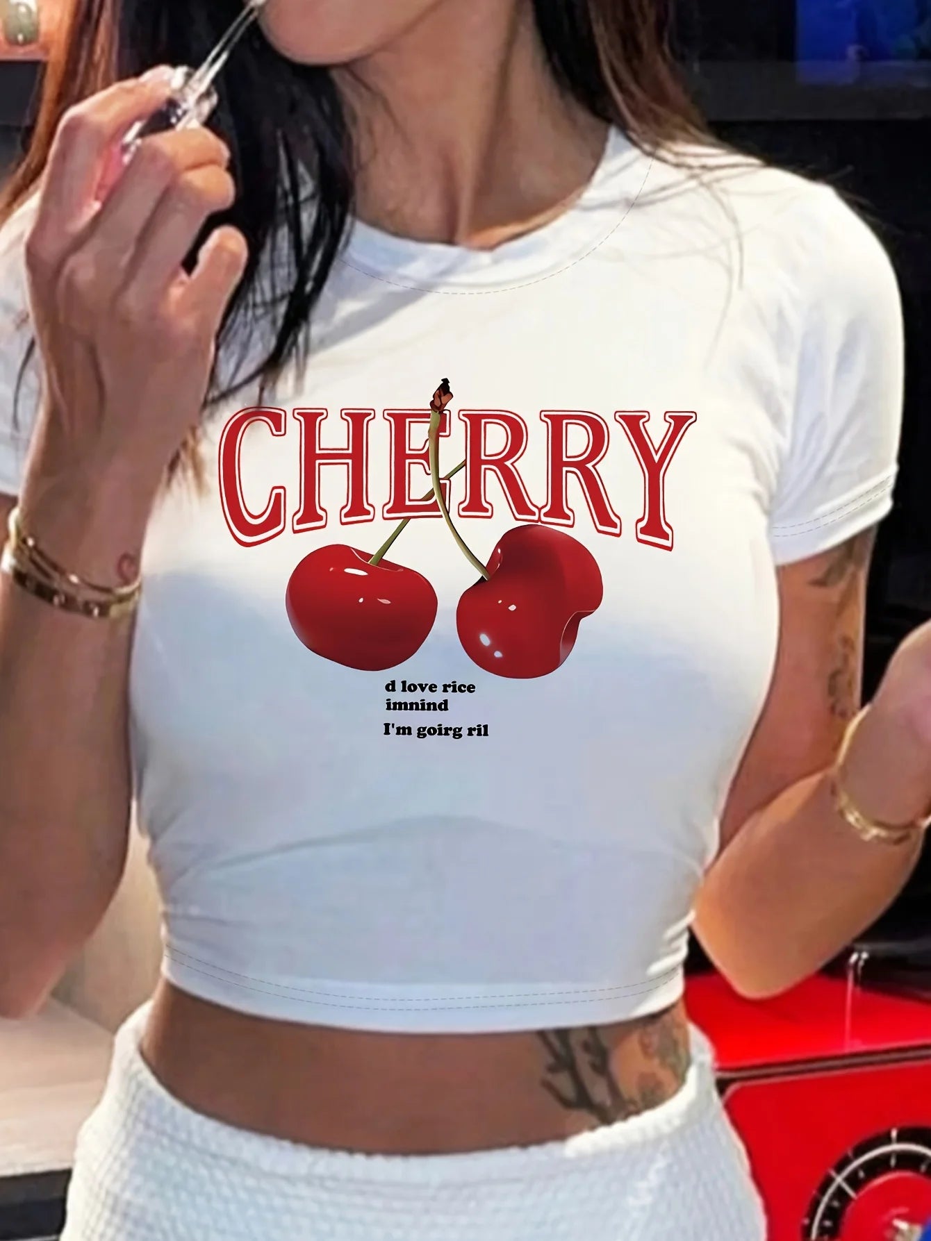 Cherry Print Crew Neck Crop T-shirt - Vibrant Y2K Inspired Short Sleeve Top for Spring and Summer Women's Fashion Clothing Badiee Stylez
