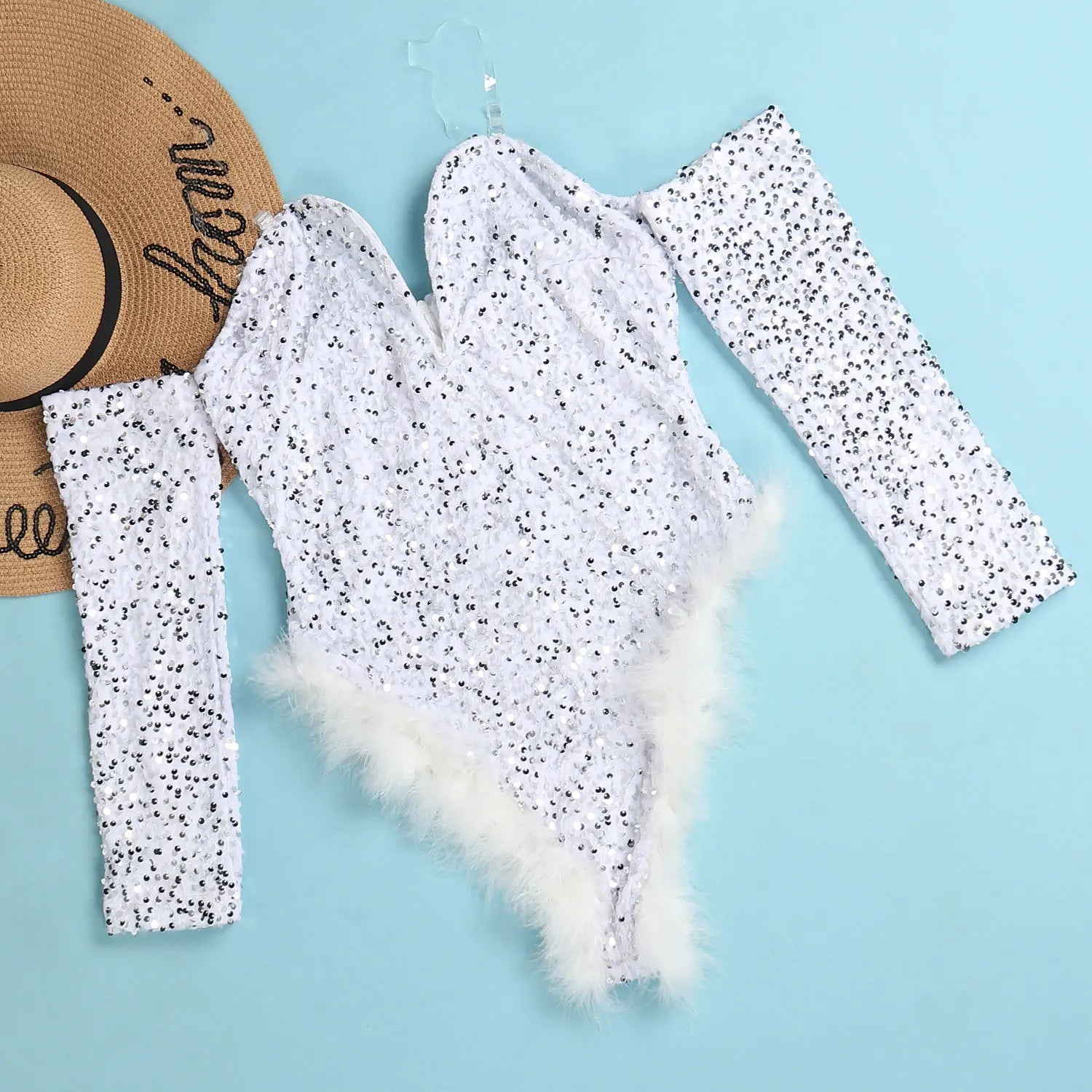 Women's Elegant Sequined Feather Slim Patchwork Bodysuits Spring Summer New Sexy Bodysuits Women Long Sleeve Backless Bodysuits