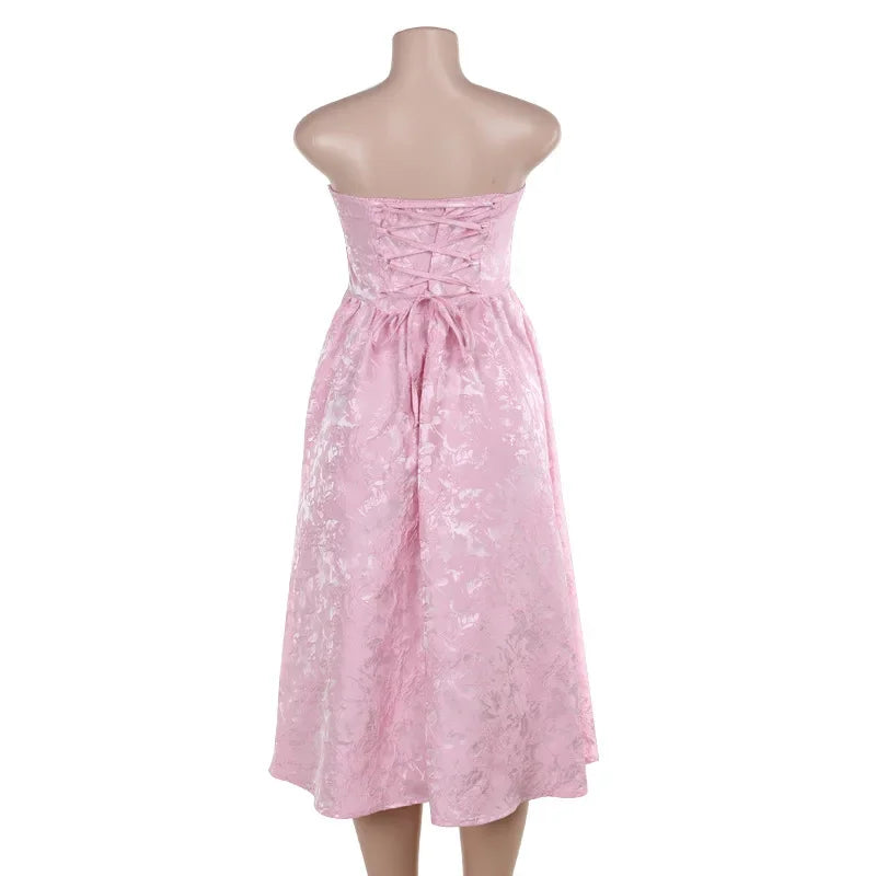 Strapless Backless Bodycon Sexy Dress Women  Elegant Evening Party Dress Jacquard Satin Long Summer Dress Vestidos Badiee Stylez