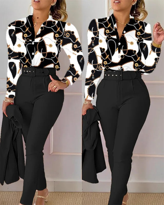 Women's Shirt 2 Pieces Suit Set 2024 Fall Print V Neck Long Sleeve Top Casual High Waist Pockets Work Female Clothes Pants Set