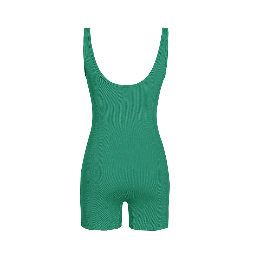 Women's Solid Color Camisole Square Neck Stretchy One-Piece Jumpsuit Sports Tank Top with Tight Pants And Belly Control