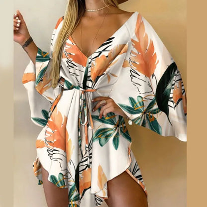 Sexy Women Mini Dress Floral Print V Neck 3/4 Bat Sleeve Lace Up Irregular Hem Casual Loose Beach Cover Up Dress Vestido Mujer White orange leaf