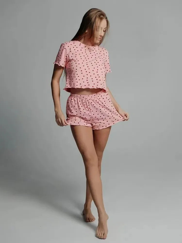 Womens Cute Heart Print Pajama Set Two Piece Short Sleeve Crop Top Ruffle Shorts Sleepwear Loungewear Casual Summer Nightwear ﻿