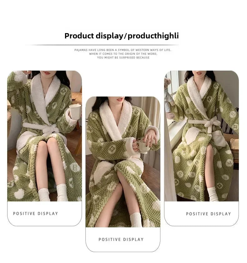 Women's Pajamas Cute Pijama Winter Sleepwear Warm Robe Sets Long Home Wear Bathrobe Plus Velvet Warmth Coral Fleece Nightgown
