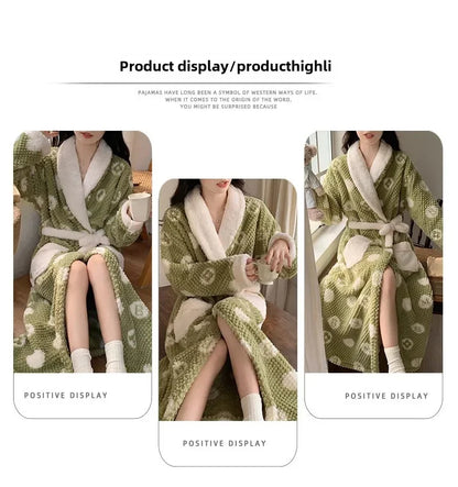 Women's Pajamas Cute Pijama Winter Sleepwear Warm Robe Sets Long Home Wear Bathrobe Plus Velvet Warmth Coral Fleece Nightgown