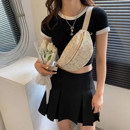 Fashion Straw Chest Bag Sports Waist Packs Shoulder Purse Beach Travel Casual Fanny Belt Bag Crossbody Shoulder Chest Handbag