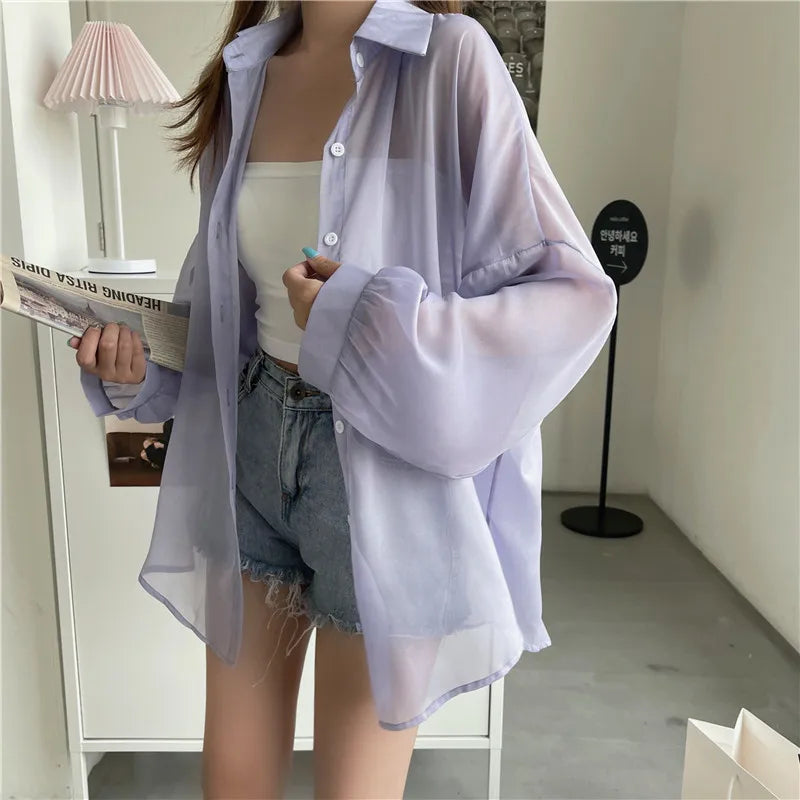 Semi Sheer Long Sleeve Shirt for Women Shimmer Button Down Collared Plain Lightweight Shirt Spring Summer Chic Tops Outfit