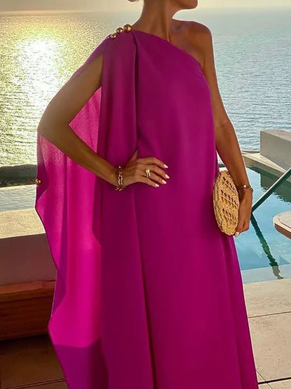 Patchwork Inclined shoulder Fashion Party Dress, Women Summer Beach Elegant Maxi Dress, 2024 Casual Diagonal Collar Ladies Dress