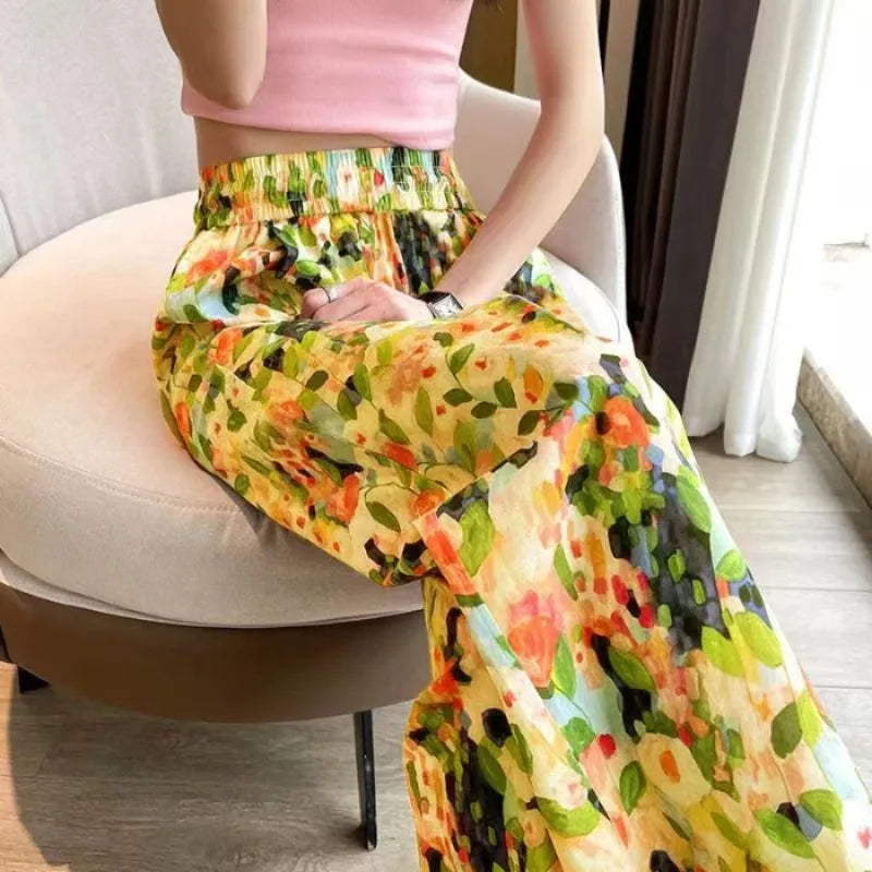 2024 Summer New Beach Pants Loose Wide-Leg Pant for Women Seaside Leisure INS High Waist Cropped Pant Straight Floral Trousers