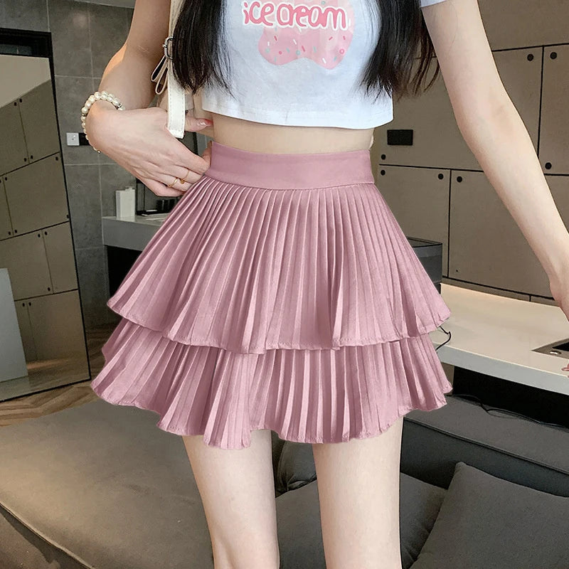 Fashion Sexy Pleated Skirts Women Solid High Waist All-Match Summer New Culottes Mini Cupcake Skirts Pink