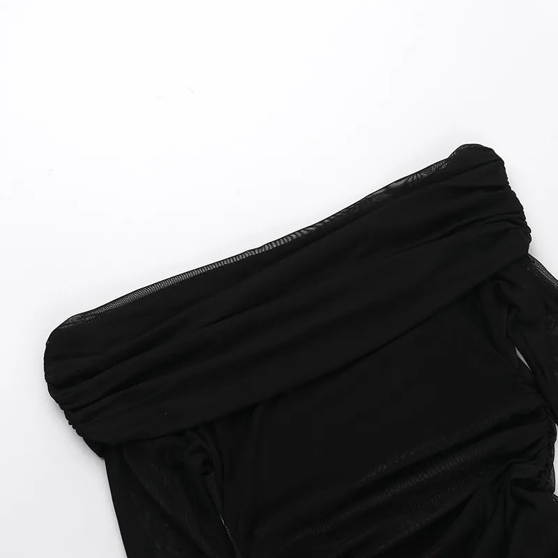 Y2k Summer New Solid Color Long Sleeve Off Shoulder Dresses Sexy Wrap Hip Mesh See Through Ruched Patchwork Long Dress 2024 New