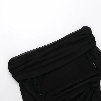 Y2k Summer New Solid Color Long Sleeve Off Shoulder Dresses Sexy Wrap Hip Mesh See Through Ruched Patchwork Long Dress 2024 New