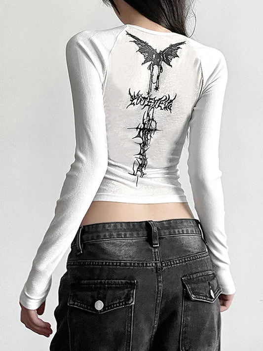 Y2K T Shirts Vintage Women O-neck Tee Long Sleeve Grunge Print Casual Crop Tops Female Graphic Korean Fashion Crop Tops EMO WHITE