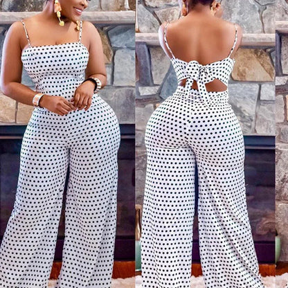 Women Jumpsuits Overalls High Waist Dot Wide Leg Pants High Street Casual Flat Sexy Backless Wrapping Breast 2023 Autumn white