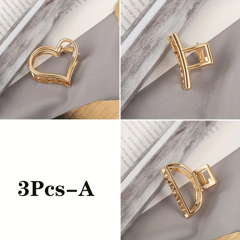 Fashion Simple Non Slip Mini Hollow Heart Metal Hair Claw Clips Gold Geometric Bangs Barrettes Hair Jaws For Women Girls Daily 3pcs-A