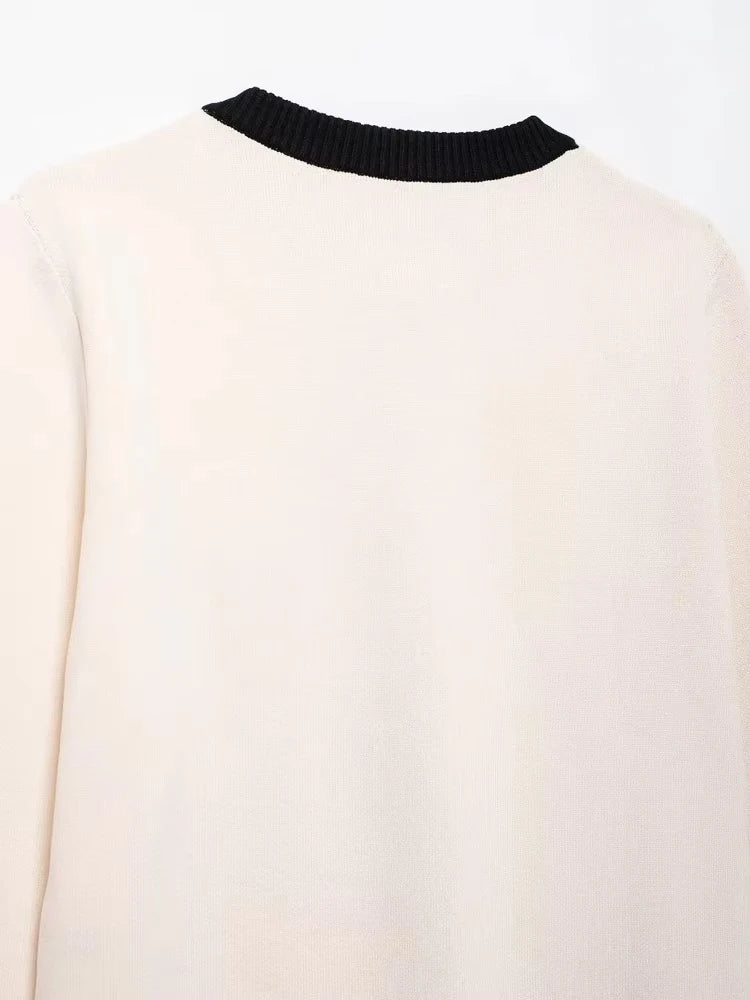 TRZA-Women's Knitted Cardigan Sweater with Golden Buttons, O-Neck, Long Sleeve, Female Outerwear, Chic Tops, Fashion