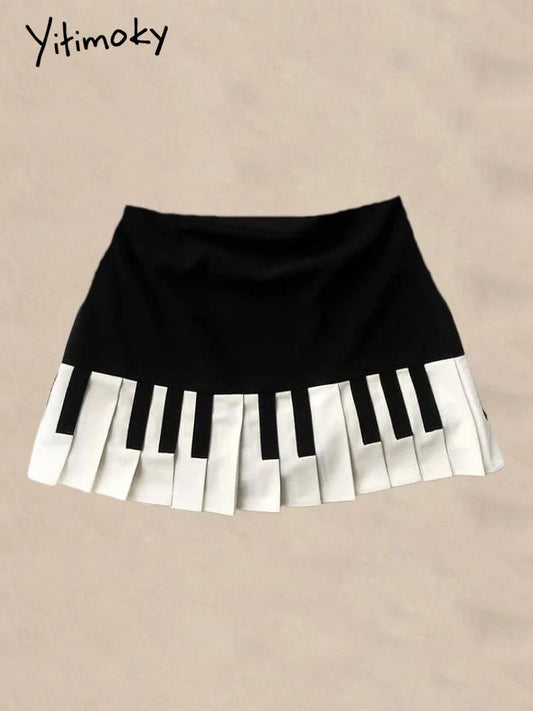 Yitimoky 2025 Spring Spliced Women Short Skirt Y2k Slim Design Harajuku Mini Skirt Female Empire Korea Style Chic Piano Skirt